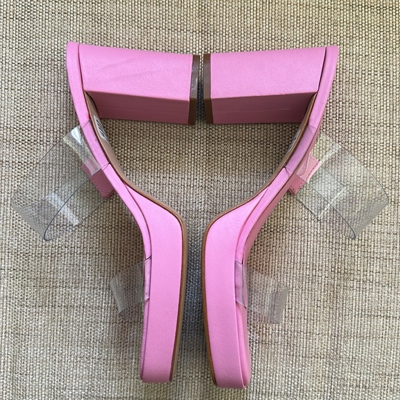 Schutz Ariella Pink Rosa PVC Block Heel Y2K Sandal Open Toe Clear Straps New - Picture 6 of 17